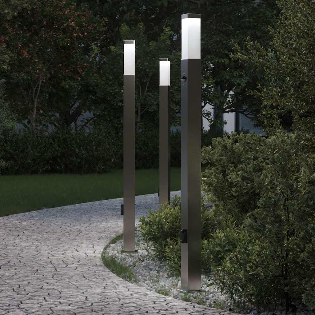 Conjunto de 3 postes de iluminação com sensor e tomada, 110 cm, em aço inoxidável, IP44