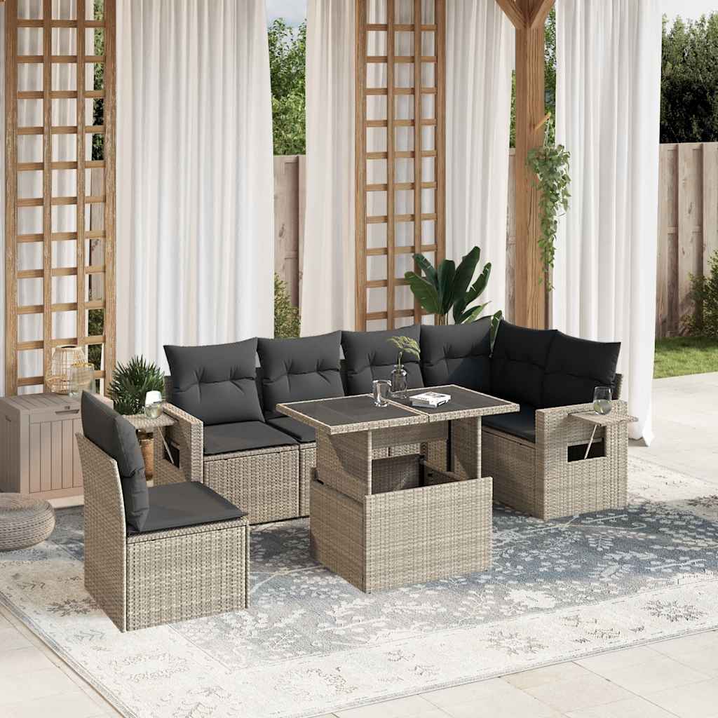 7 Pcs conj. sofás jardim com almofadões vime PE cinzento-claro