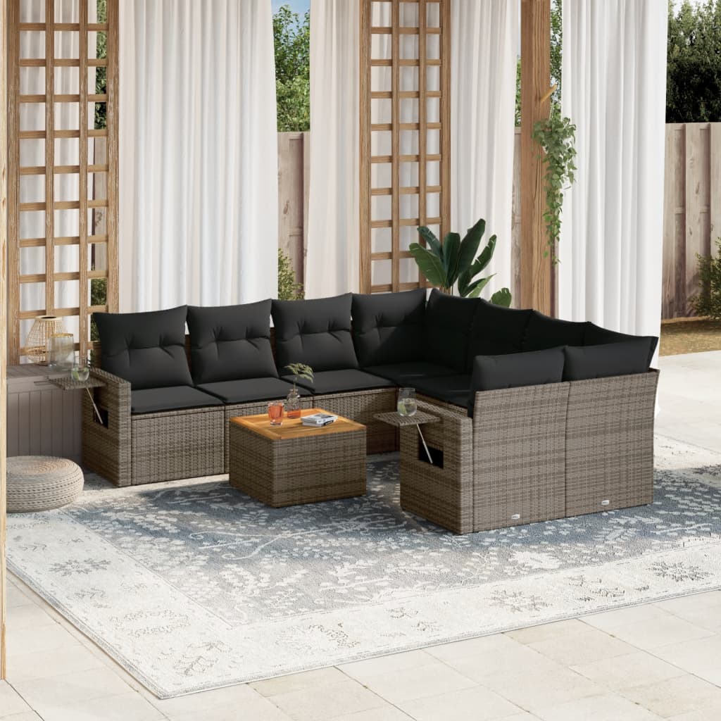 9 Pcs conjunto sofás p/ jardim com almofadões vime PE cinzento