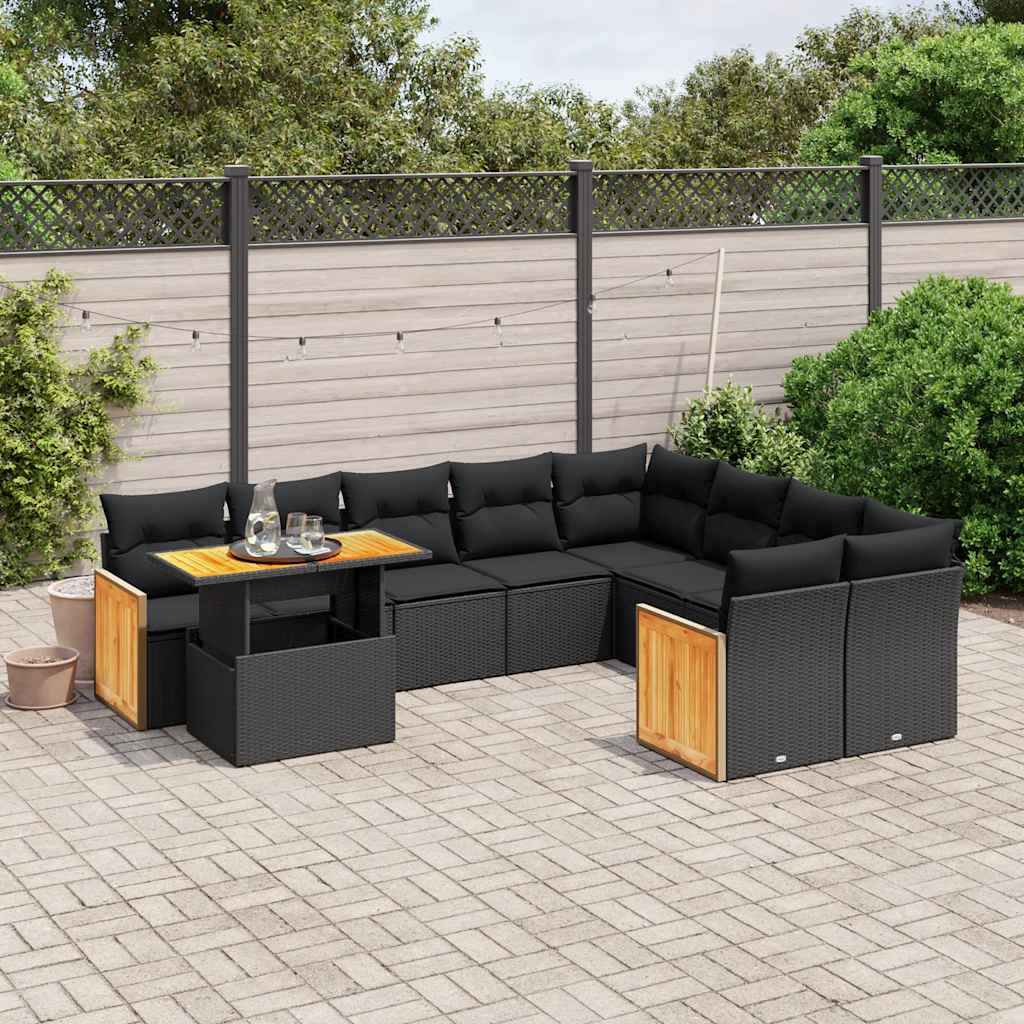 10 Pcs conjunto sofás de jardim c/ almofadões vime PE preto