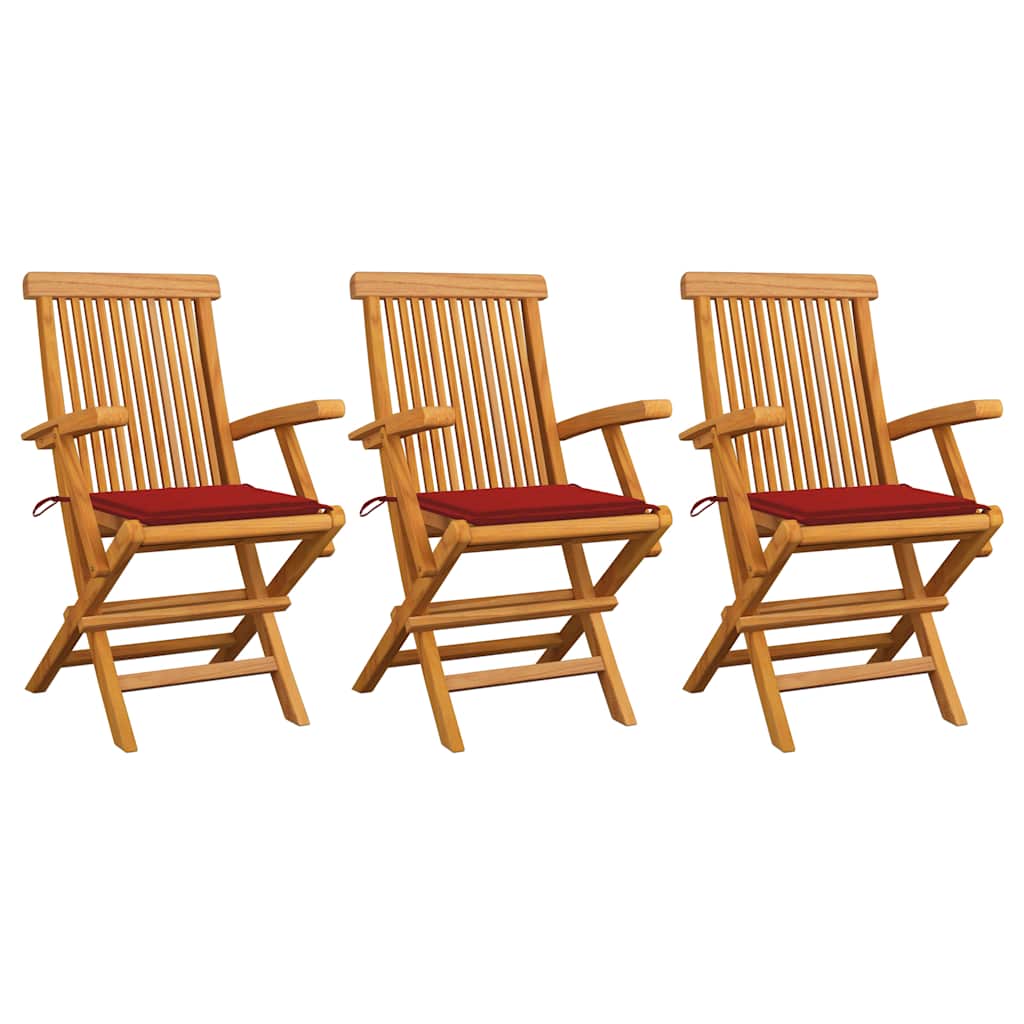 Cadeiras de jardim c/ almofadões vermelhos 3 pcs teca maciça