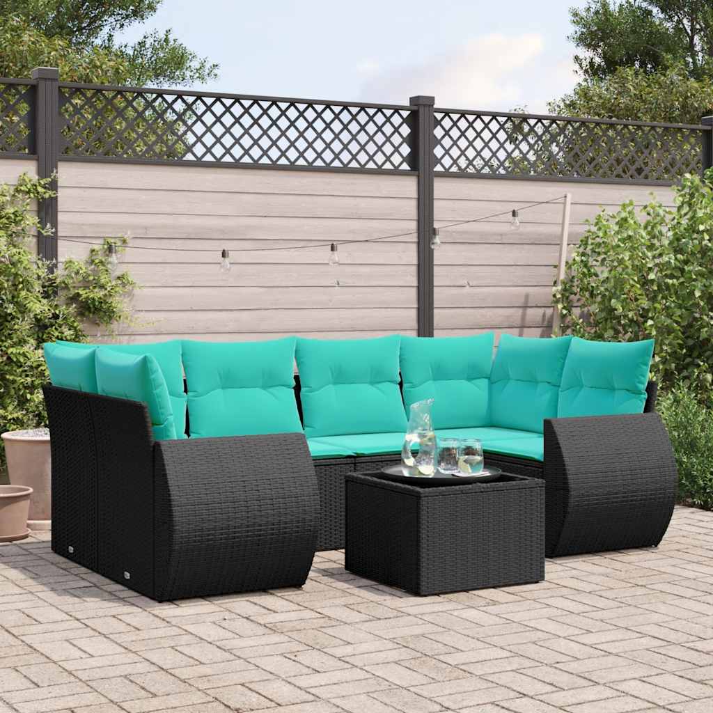 Conjunto de sofá de jardim com 7 peças e almofadas em rattan sintético preto