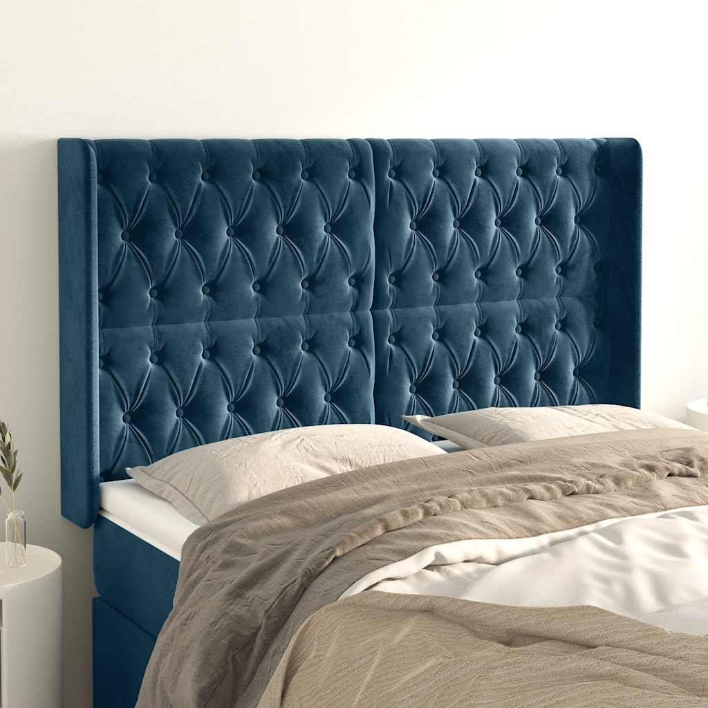 Cabeceira cama c/ abas veludo 163x16x118/128 cm azul-escuro