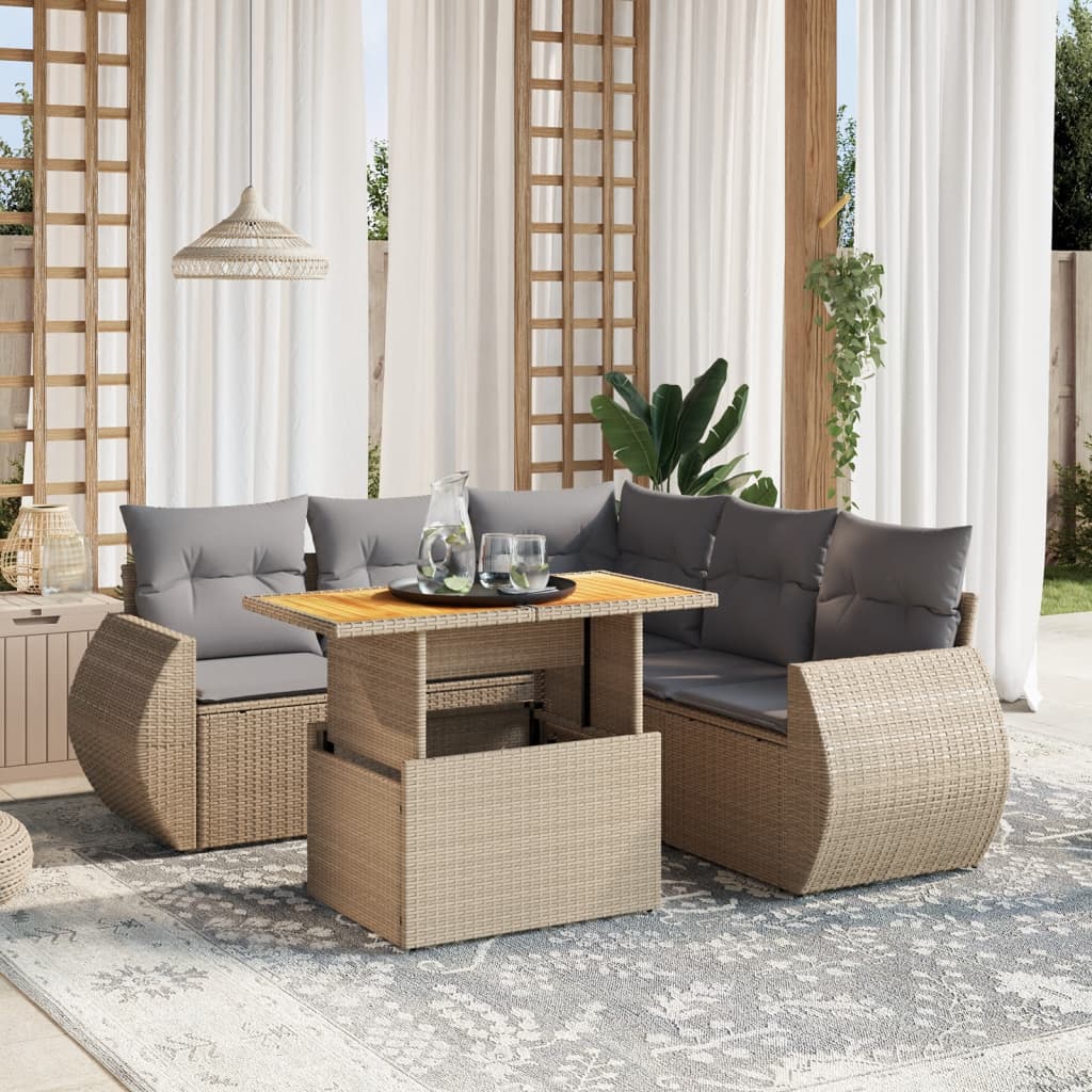 6 Pcs conjunto de sofás p/ jardim com almofadões vime PE bege