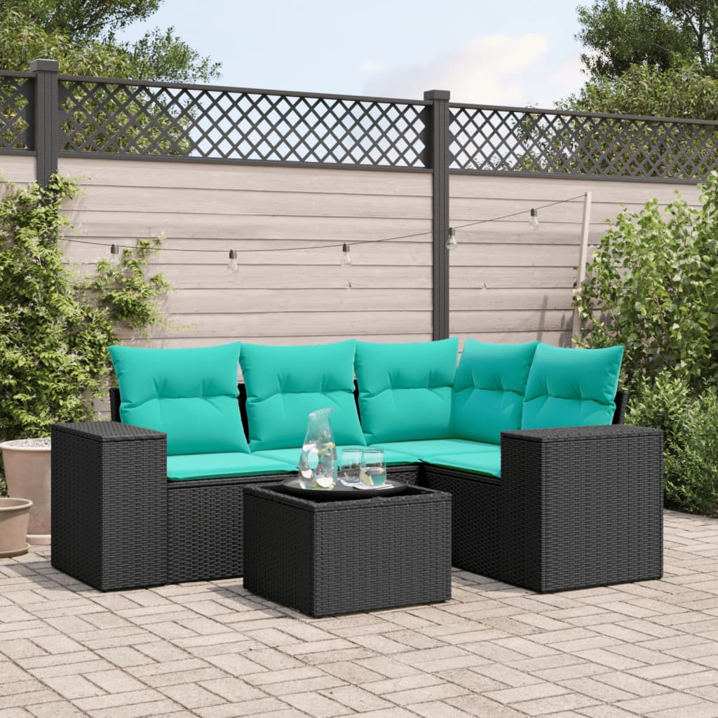 Conjunto de sofá de jardim de 5 peças com almofadas em rattan sintético preto