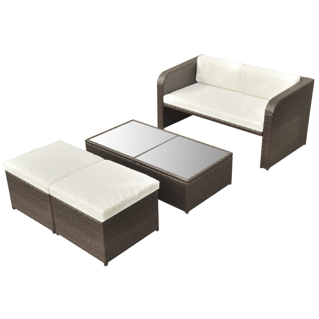 4 Pcs conjunto lounge jardim c/ almofadões vime PE castanho