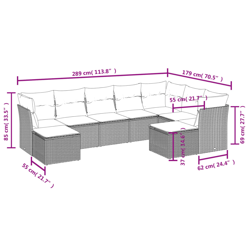 9 Pcs conjunto sofás p/ jardim c/ almofadões vime PE castanho
