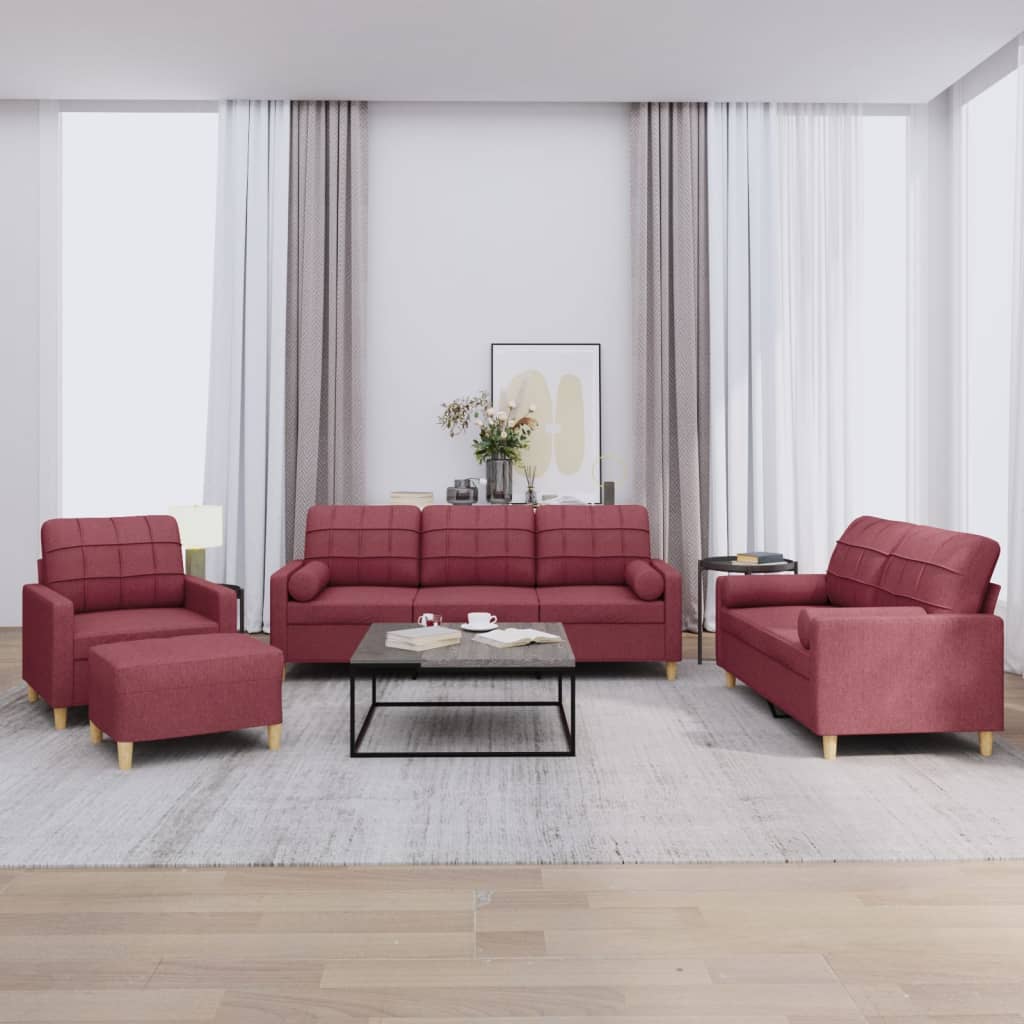 4 Pcs conjunto de sofás com almofadas tecido vermelho-tinto