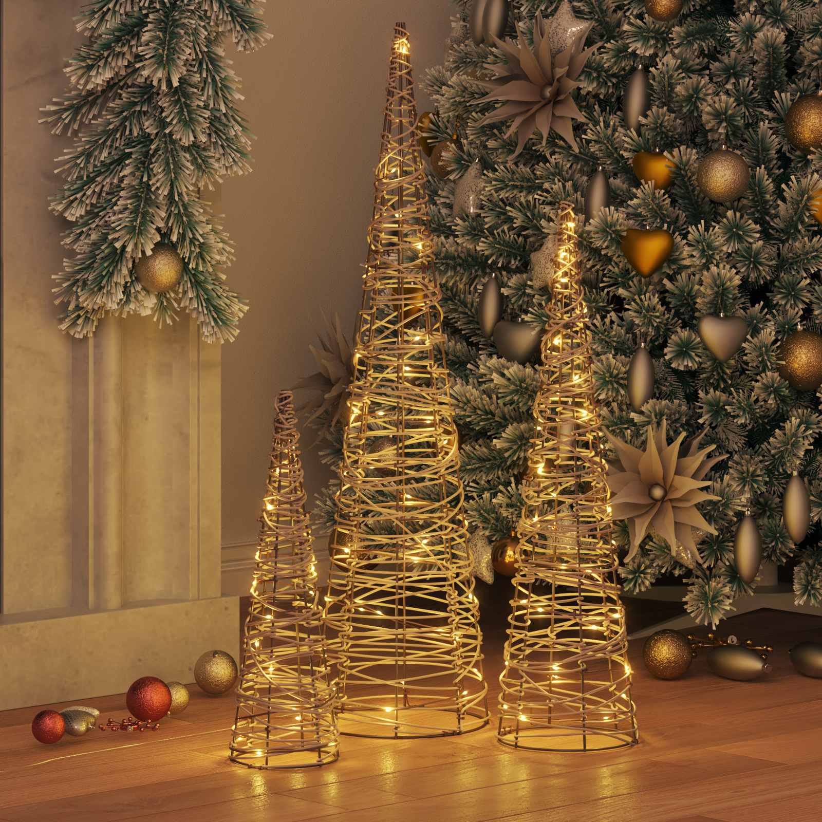 Árvore de natal 3 unid. branco quente 20 x 20 x 80 cm vime