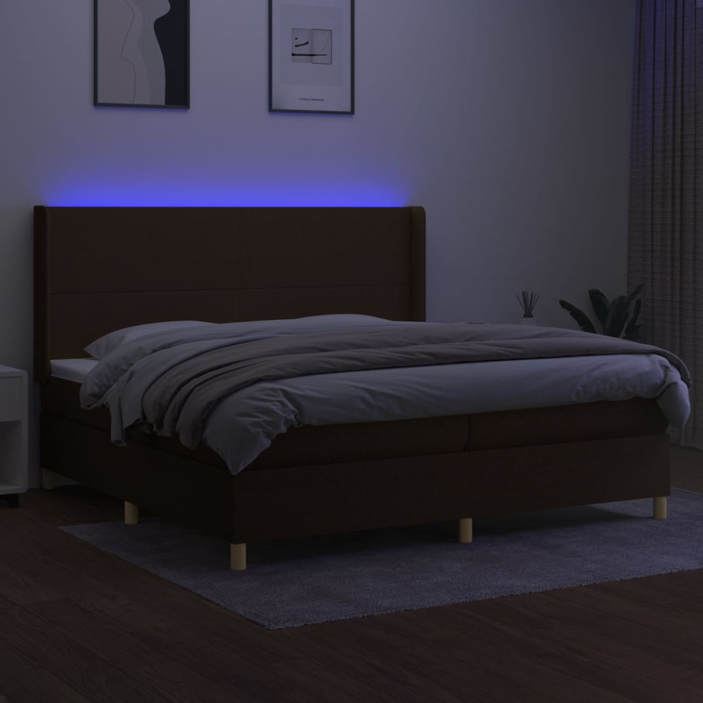 Cama box spring c/ colchão/LED 200x200cm tecido castanho-escuro
