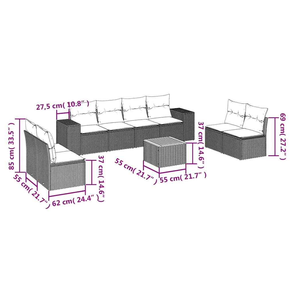 9 Pcs conjunto de sofás p/ jardim c/ almofadões vime PE preto