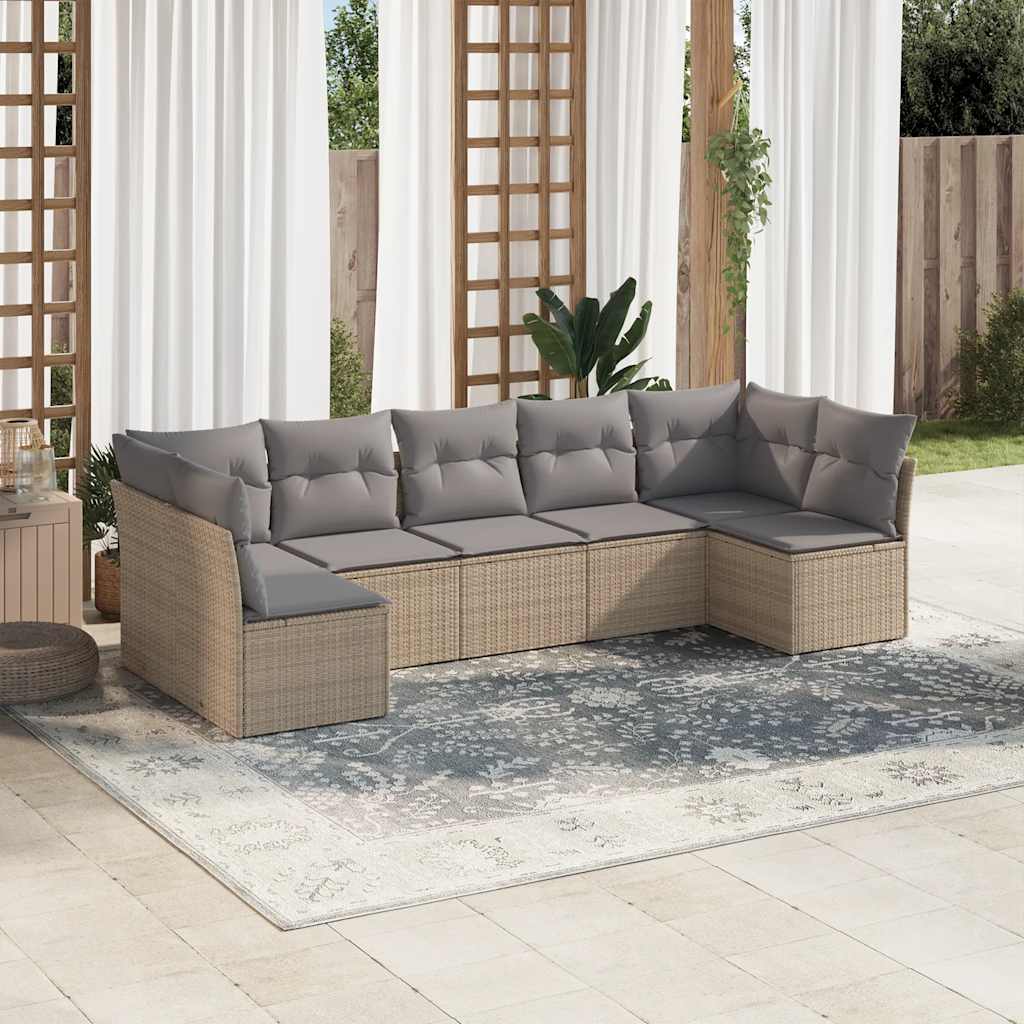 7 Pcs conjunto de sofás p/ jardim com almofadões vime PE bege