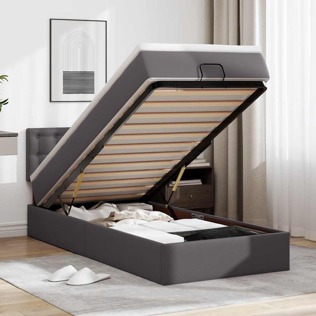 Cama otomana com colchão 100x200 cm couro artificial cinzento