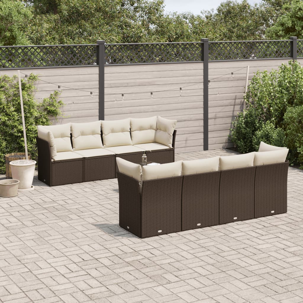 9 Pcs conjunto sofás p/ jardim c/ almofadões vime PE castanho