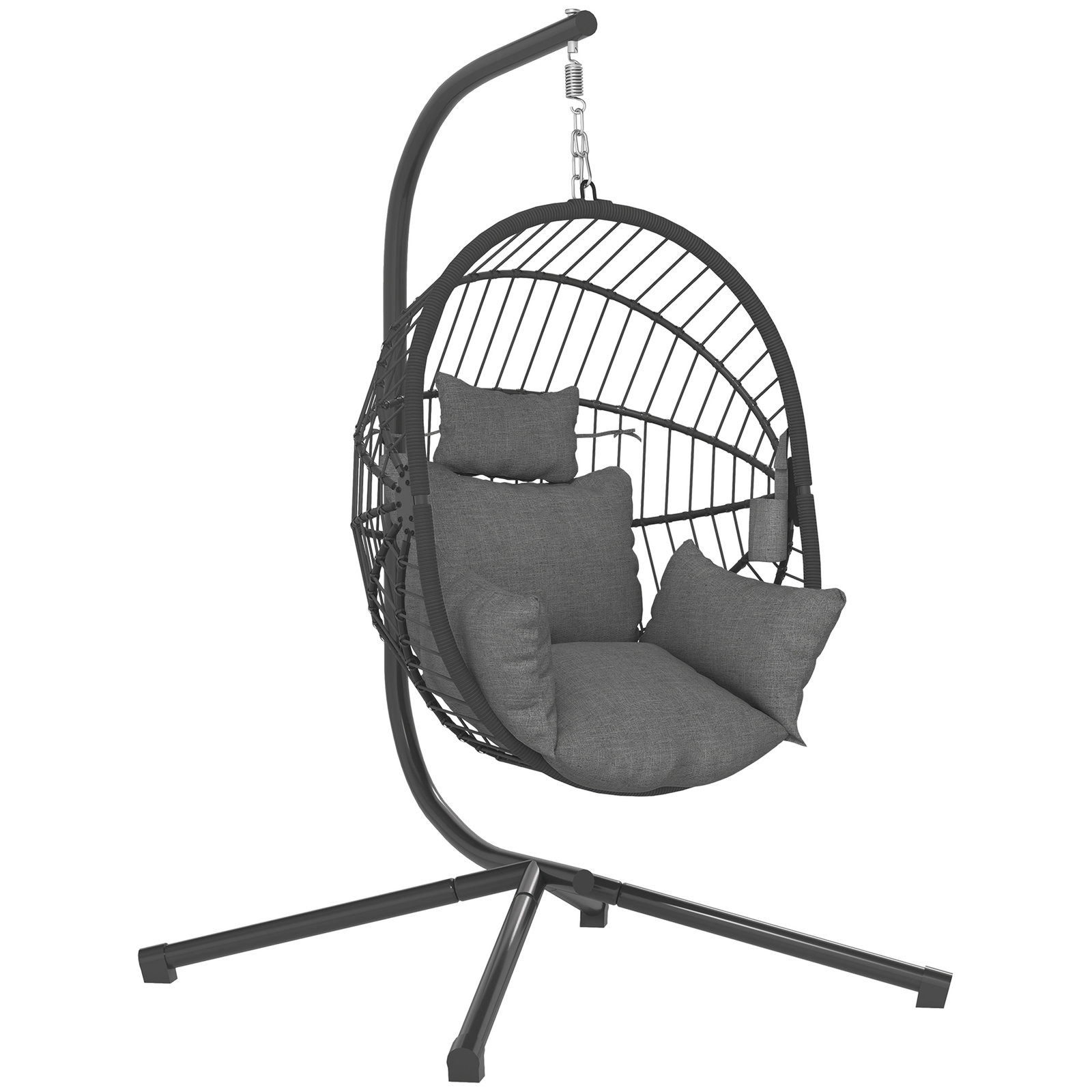 Cadeira suspensa com suporte cadeira baloiço de exterior com cesta dobrável almofada e apoio para a cabeça 120x106x188 cm cinza