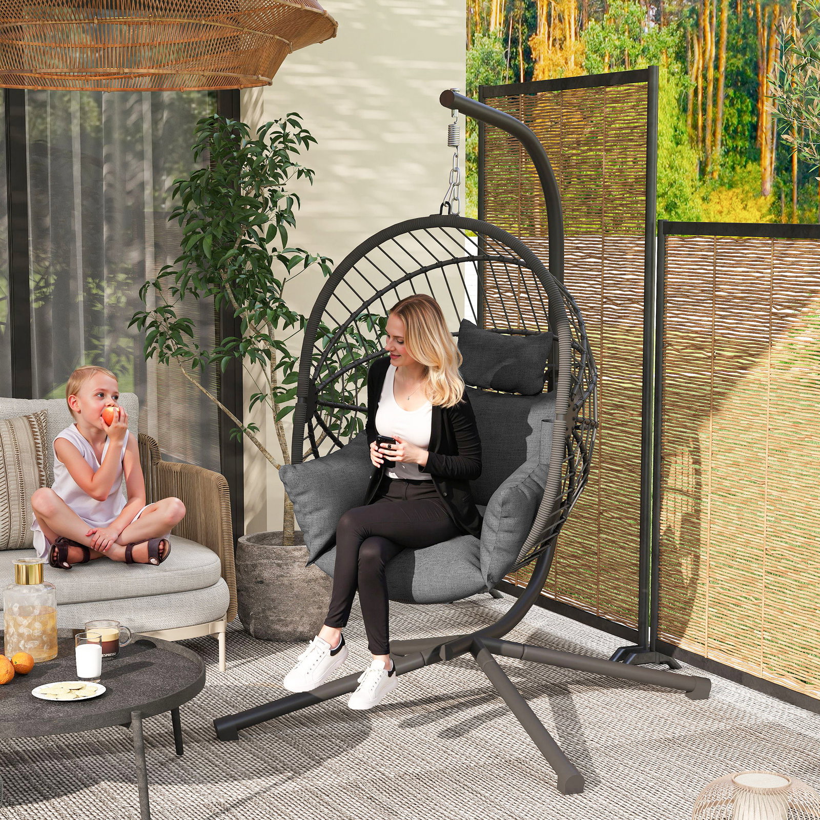 Cadeira suspensa com suporte cadeira baloiço de exterior com cesta dobrável almofada e apoio para a cabeça 120x106x188 cm cinza