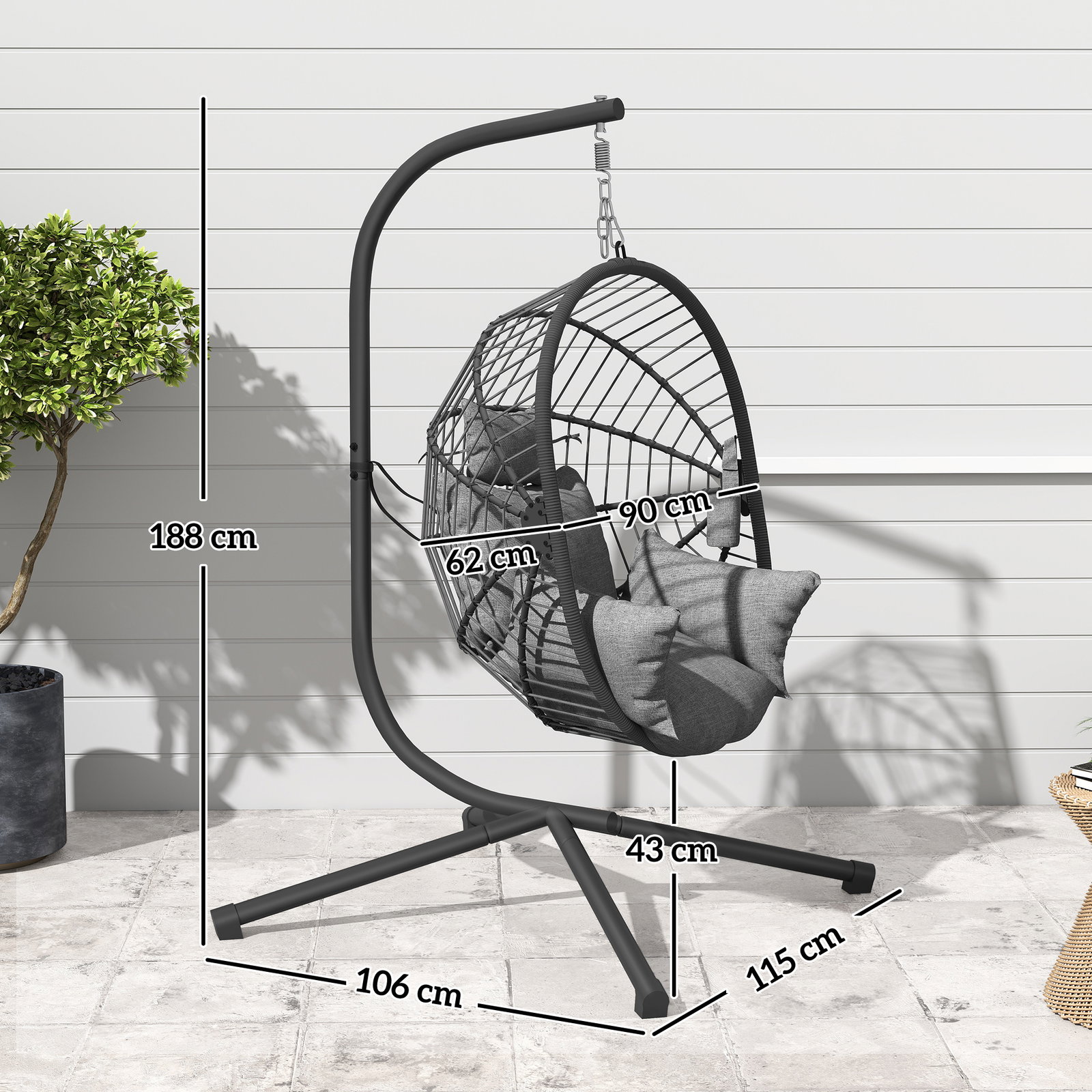Cadeira suspensa com suporte cadeira baloiço de exterior com cesta dobrável almofada e apoio para a cabeça 120x106x188 cm cinza