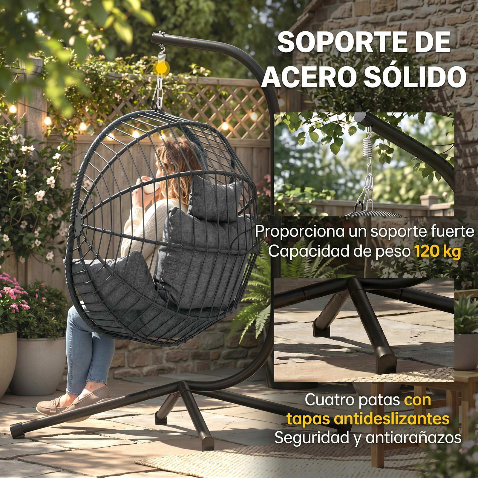 Cadeira suspensa com suporte cadeira baloiço de exterior com cesta dobrável almofada e apoio para a cabeça 120x106x188 cm cinza