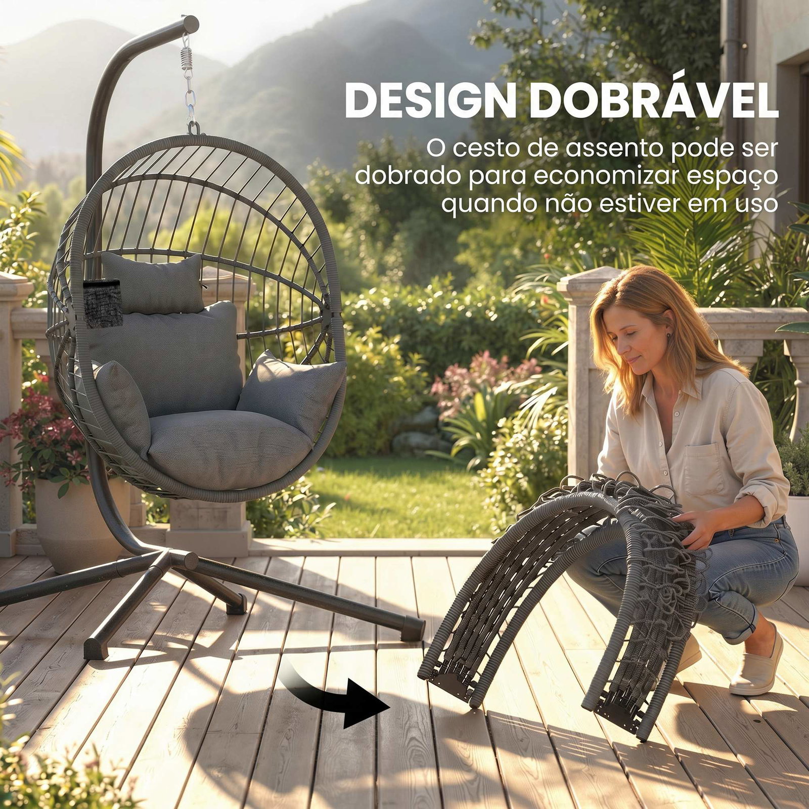 Cadeira suspensa com suporte cadeira baloiço de exterior com cesta dobrável almofada e apoio para a cabeça 120x106x188 cm cinza