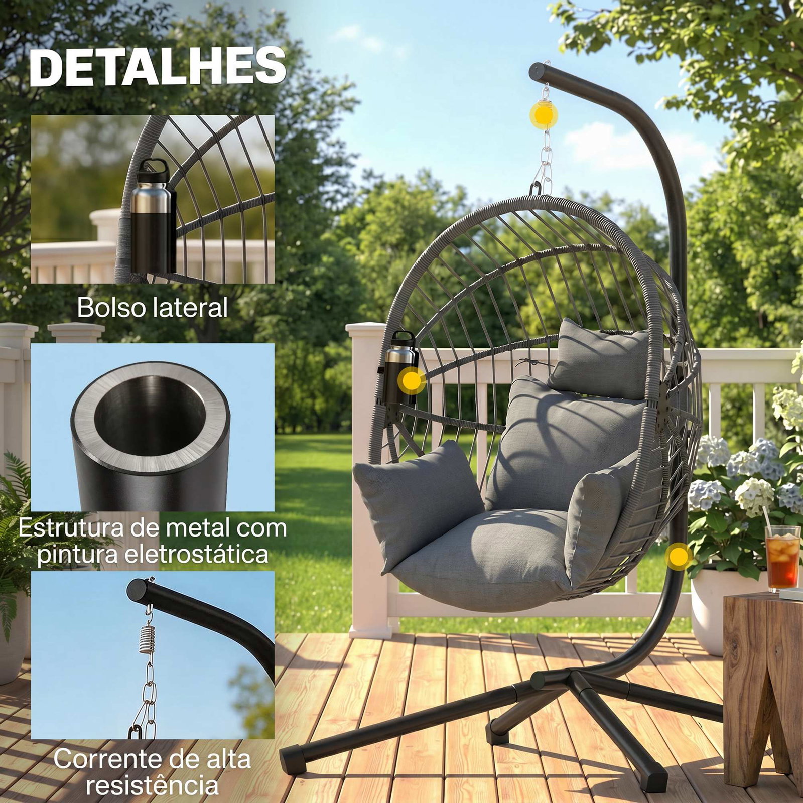 Cadeira suspensa com suporte cadeira baloiço de exterior com cesta dobrável almofada e apoio para a cabeça 120x106x188 cm cinza