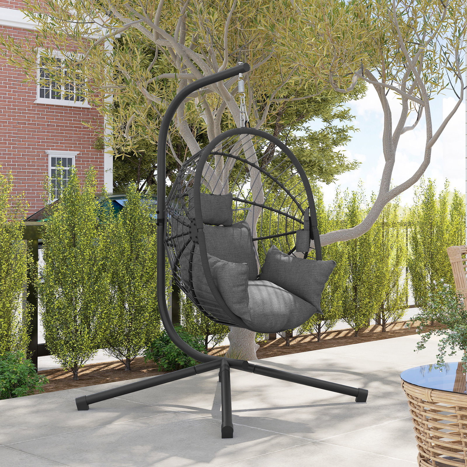 Cadeira suspensa com suporte cadeira baloiço de exterior com cesta dobrável almofada e apoio para a cabeça 120x106x188 cm cinza
