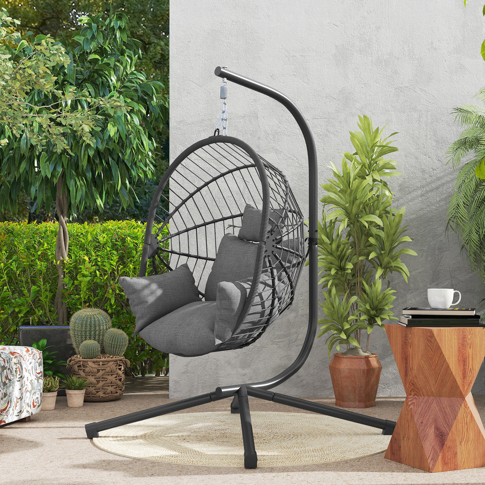 Cadeira suspensa com suporte cadeira baloiço de exterior com cesta dobrável almofada e apoio para a cabeça 120x106x188 cm cinza