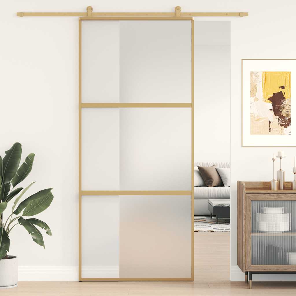 Porta deslizante 90x205 cm vidro esg fosco/alumínio dourado