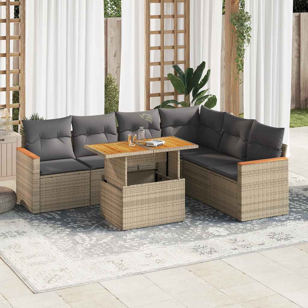 7 Pcs conjunto sofás jardim com almofadões vime PE/acácia bege