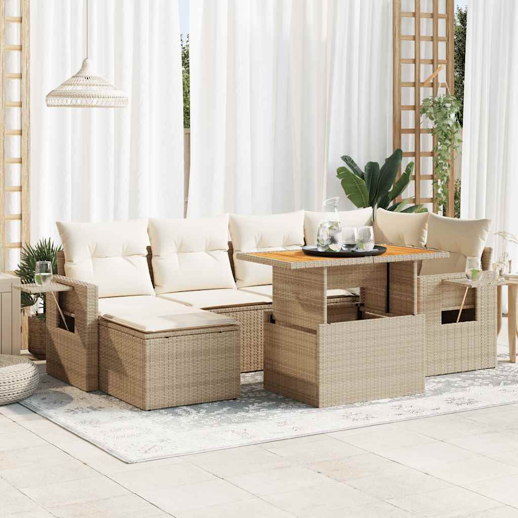 7 Pcs conjunto de sofás p/ jardim com almofadões vime PE bege
