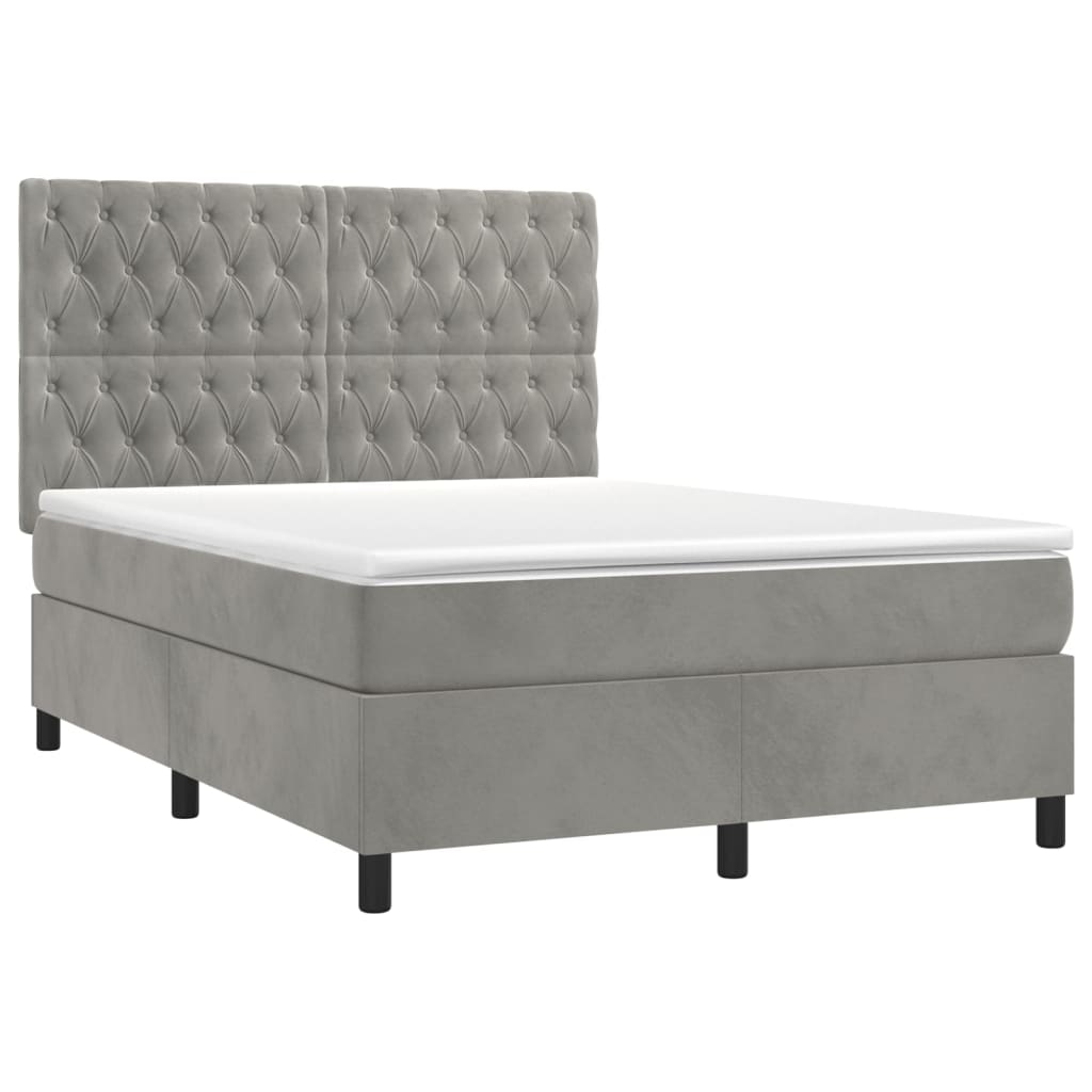 Cama box spring c/ colchão/LED 140x200 cm veludo cinzento-claro