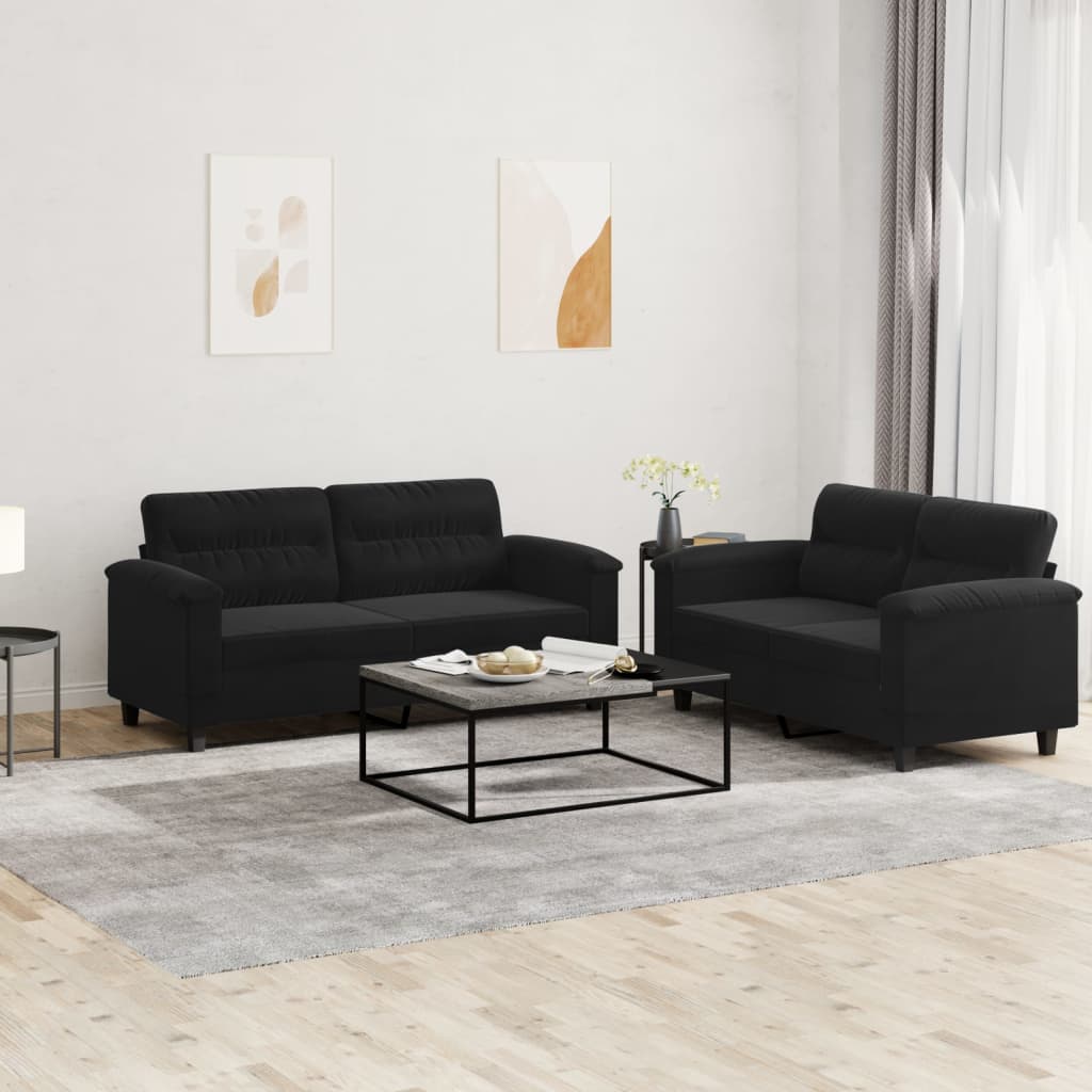 2 Pcs conj. sofás c/ almofadões tecido de microfibra preto