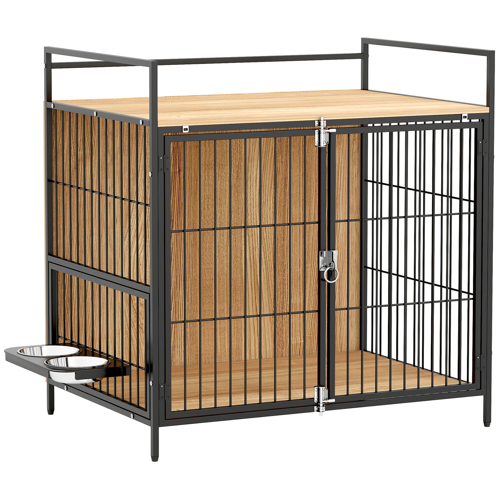 Gaiola para cães mesa auxiliar moderna com suporte giratório com 2 tigelas para cães médios 80x56x76,5 cm madeira e preto