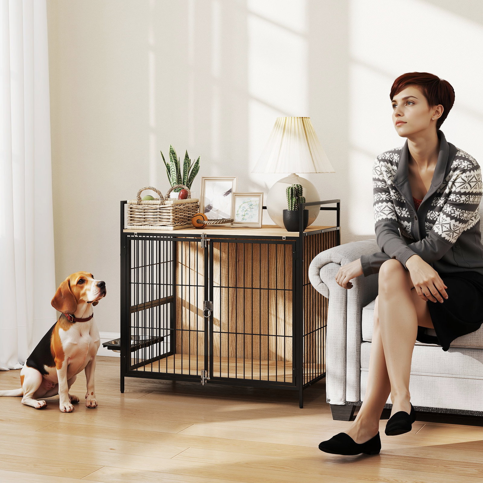 Gaiola para cães mesa auxiliar moderna com suporte giratório com 2 tigelas para cães médios 80x56x76,5 cm madeira e preto