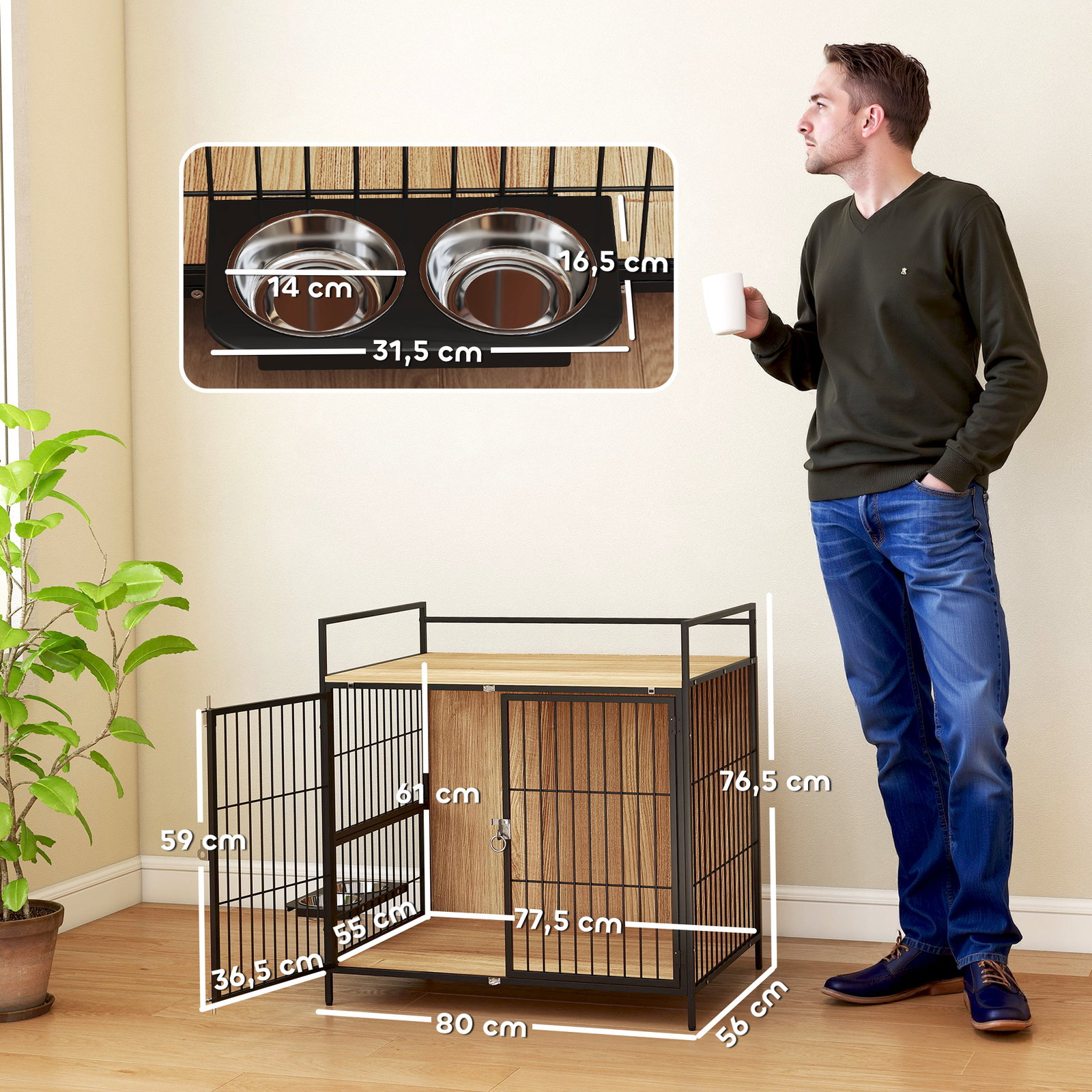 Gaiola para cães mesa auxiliar moderna com suporte giratório com 2 tigelas para cães médios 80x56x76,5 cm madeira e preto