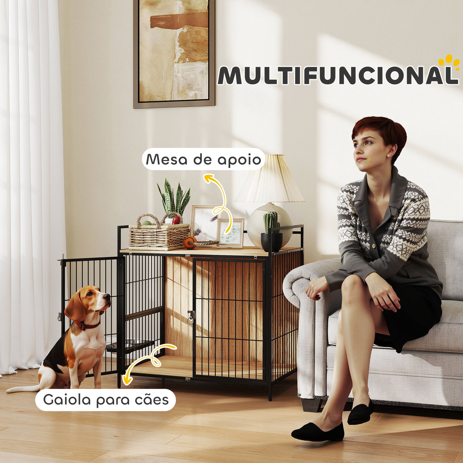 Gaiola para cães mesa auxiliar moderna com suporte giratório com 2 tigelas para cães médios 80x56x76,5 cm madeira e preto