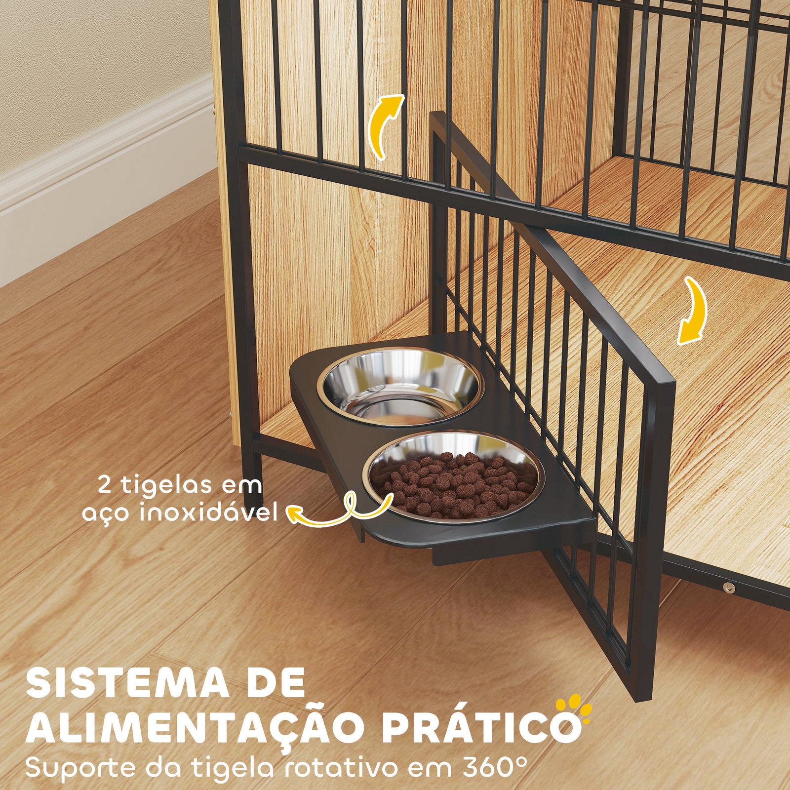 Gaiola para cães mesa auxiliar moderna com suporte giratório com 2 tigelas para cães médios 80x56x76,5 cm madeira e preto