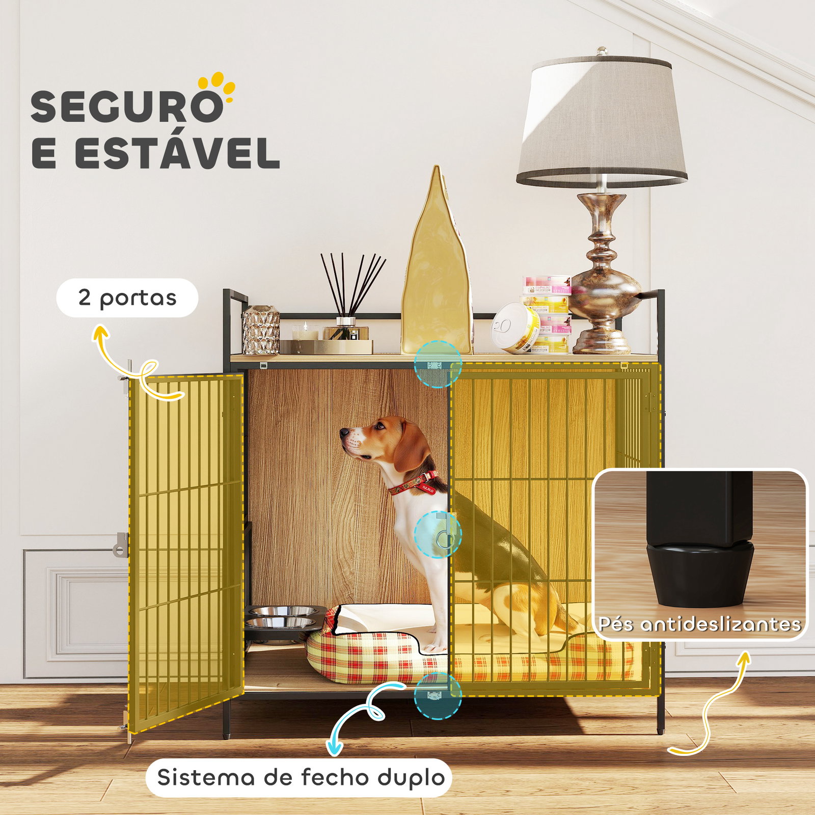 Gaiola para cães mesa auxiliar moderna com suporte giratório com 2 tigelas para cães médios 80x56x76,5 cm madeira e preto