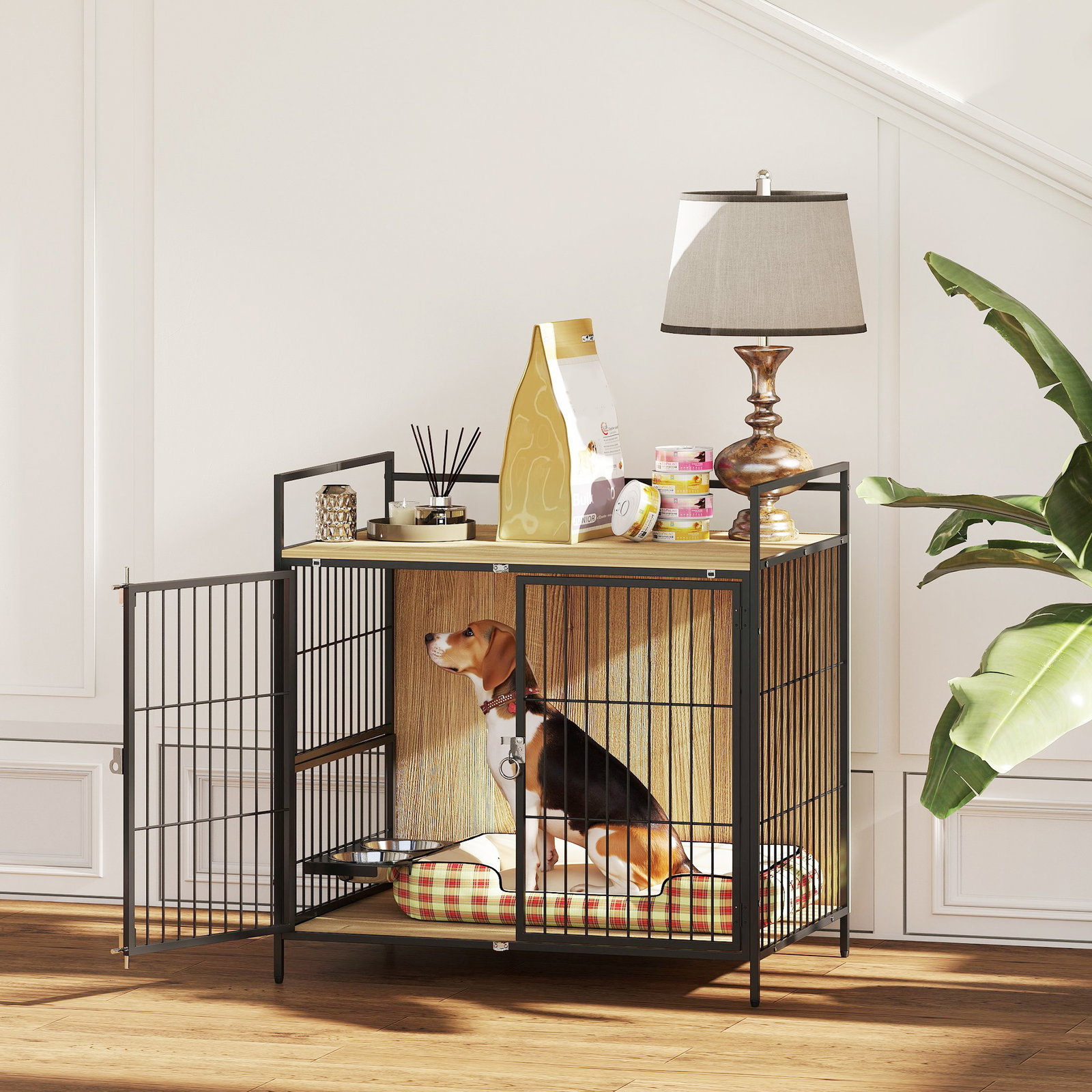Gaiola para cães mesa auxiliar moderna com suporte giratório com 2 tigelas para cães médios 80x56x76,5 cm madeira e preto