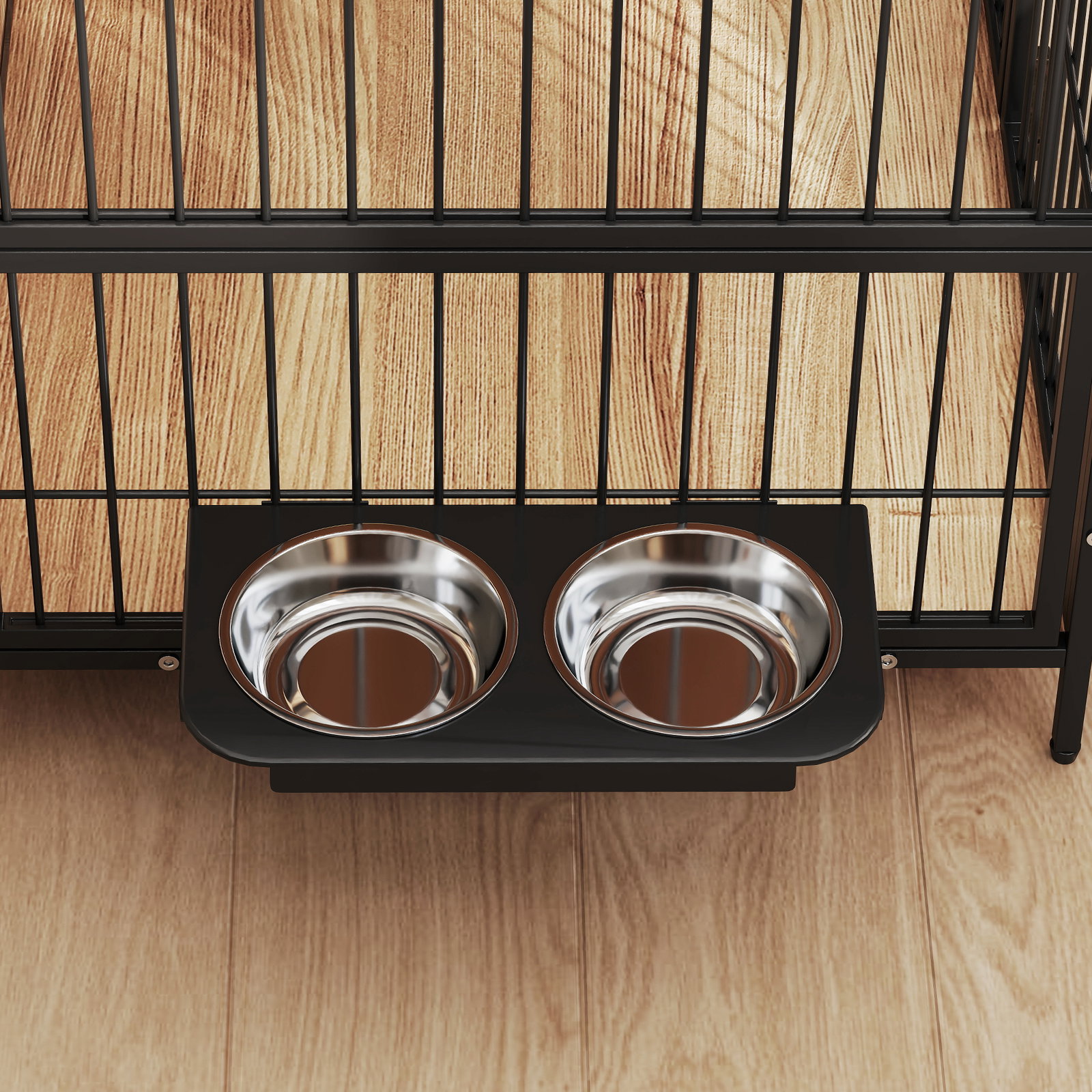 Gaiola para cães mesa auxiliar moderna com suporte giratório com 2 tigelas para cães médios 80x56x76,5 cm madeira e preto