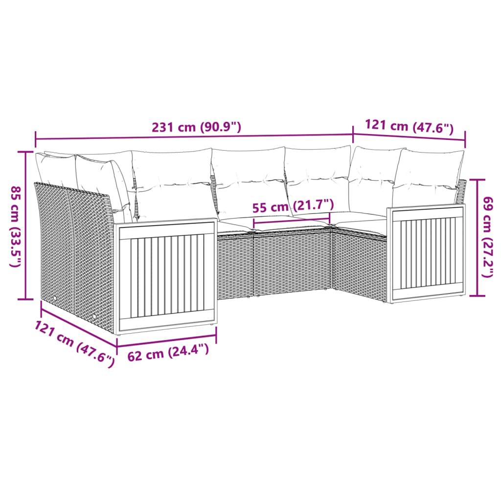 6 Pcs conjunto de sofás p/ jardim com almofadões vime PE bege
