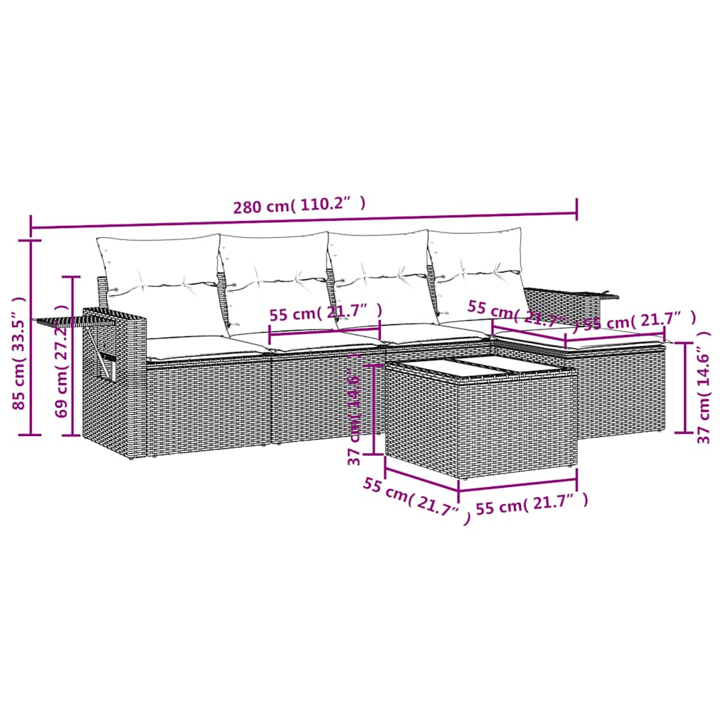 6 Pcs conjunto sofás de jardim c/ almofadões vime PE preto