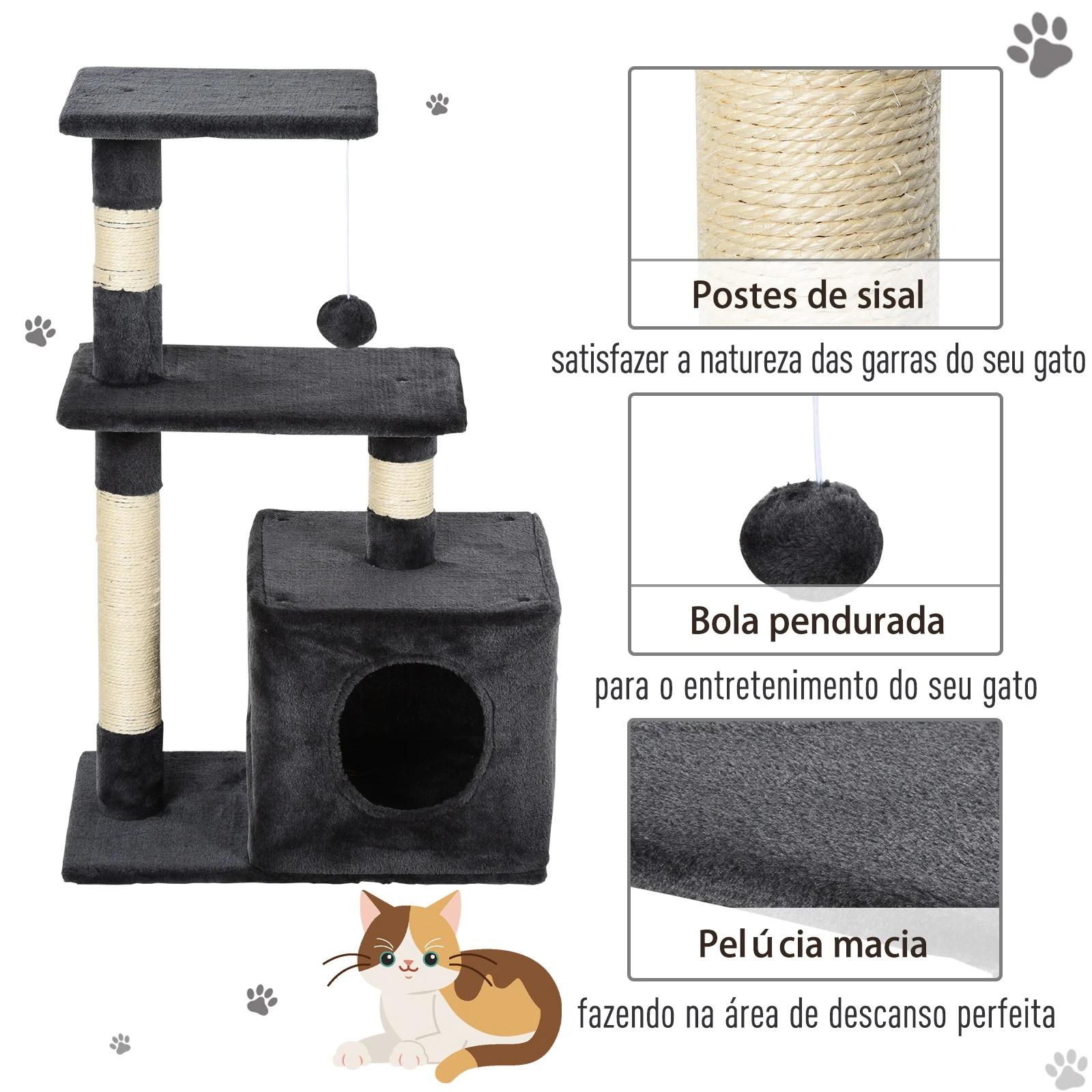 Arranhador para gatos 50x30x81,5 cm centro de atividades para gatos com poste de sisal plataformas e caverna cinza