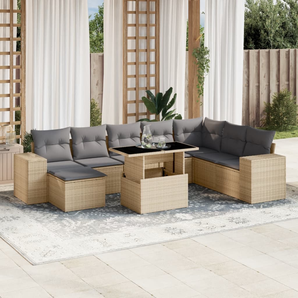 9 Pcs conjunto de sofás p/ jardim com almofadões vime PE bege