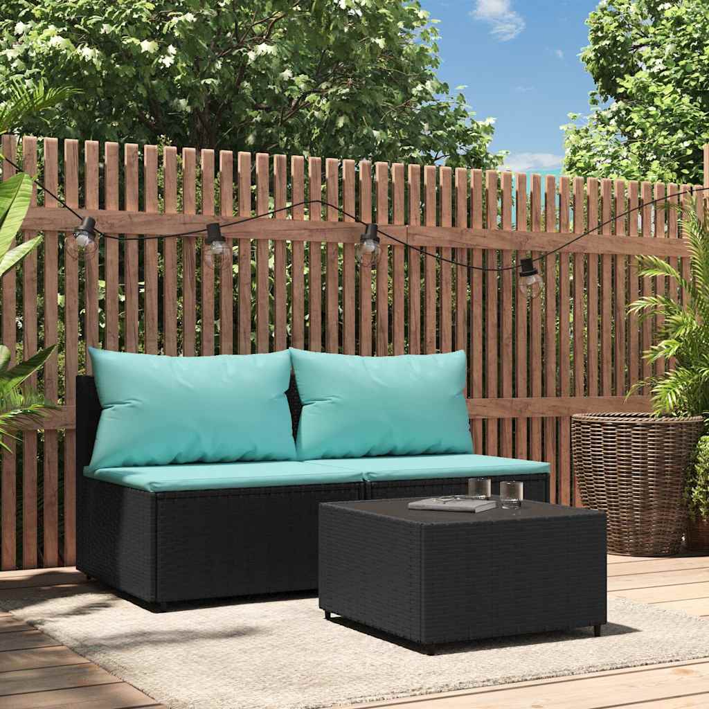 3 Pcs conjunto lounge de jardim c/ almofadões vime PE preto
