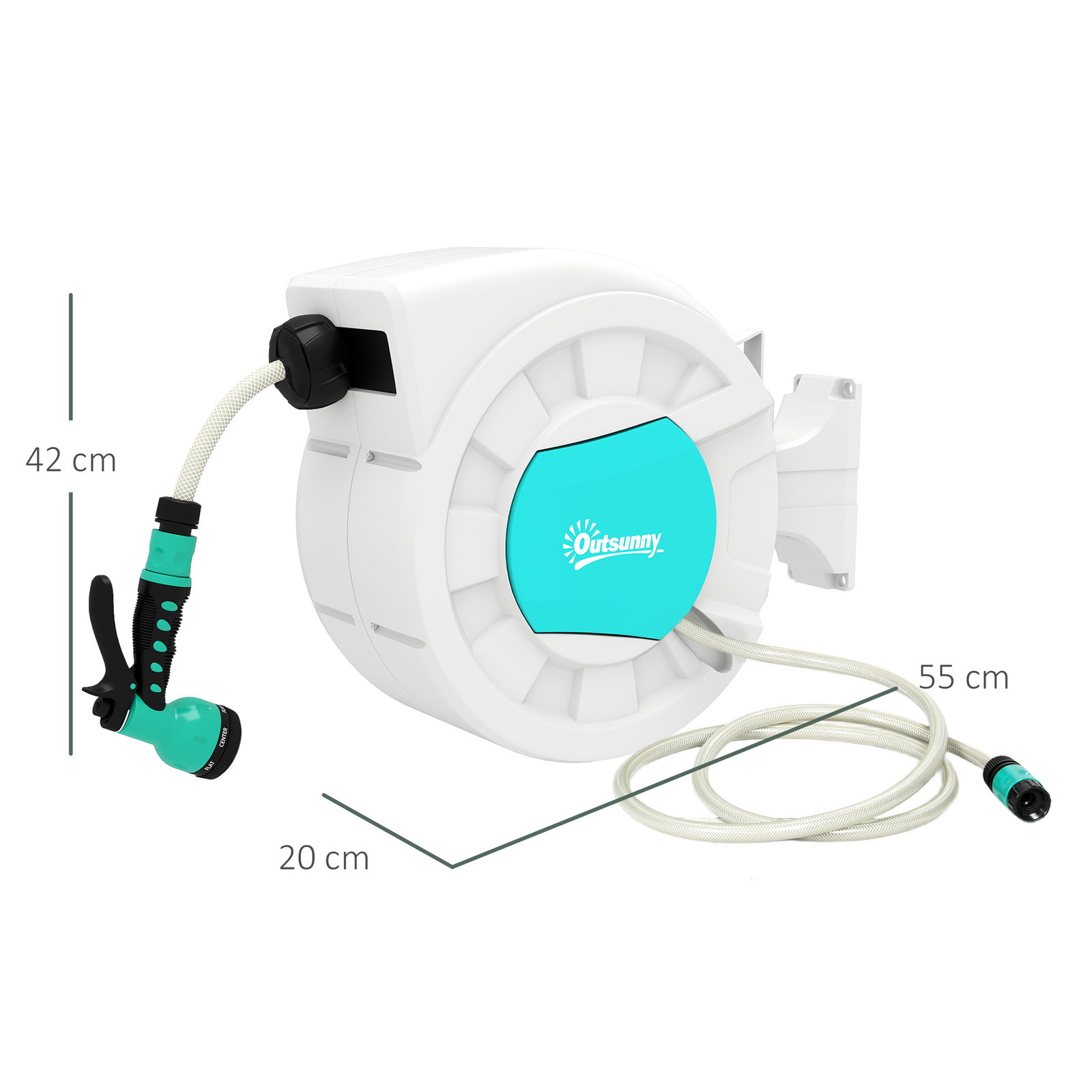 Carretel de mangueira retrátil de parede de 25+2 m e bloqueio de retorno automático bocal com 7 funções e giro de 180° 55x20x42 cm cinza claro
