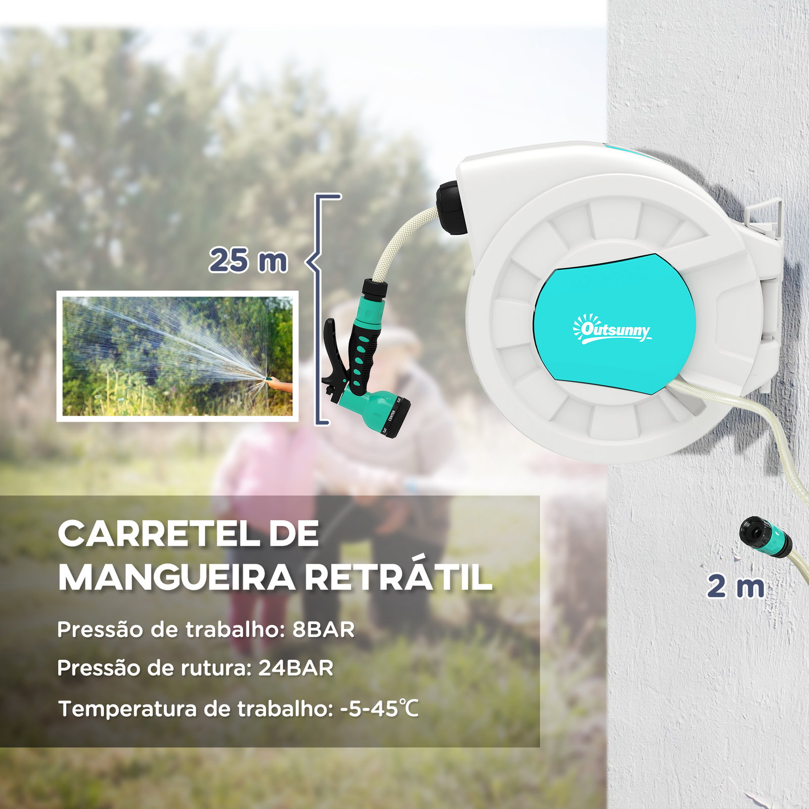 Carretel de mangueira retrátil de parede de 25+2 m e bloqueio de retorno automático bocal com 7 funções e giro de 180° 55x20x42 cm cinza claro