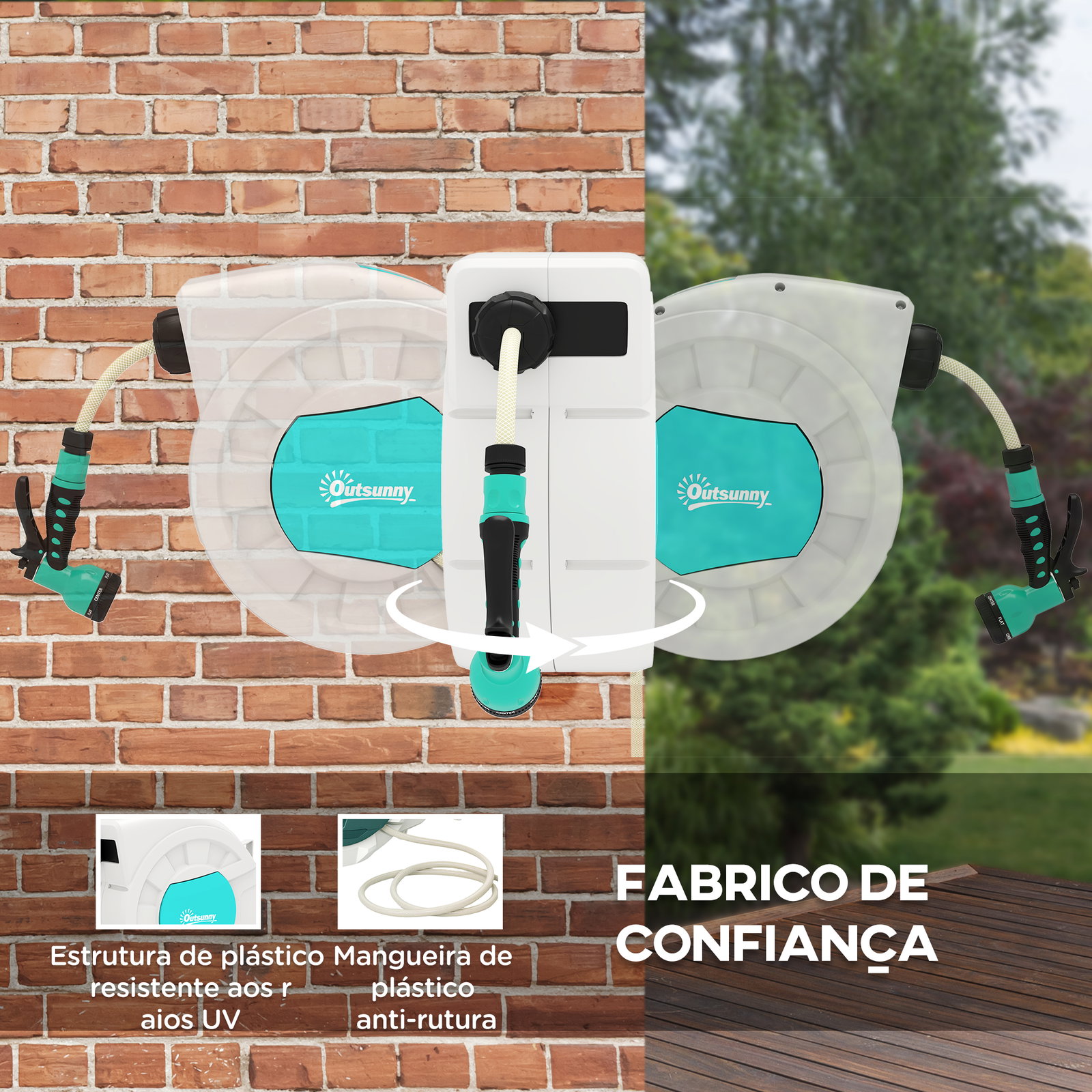 Carretel de mangueira retrátil de parede de 25+2 m e bloqueio de retorno automático bocal com 7 funções e giro de 180° 55x20x42 cm cinza claro