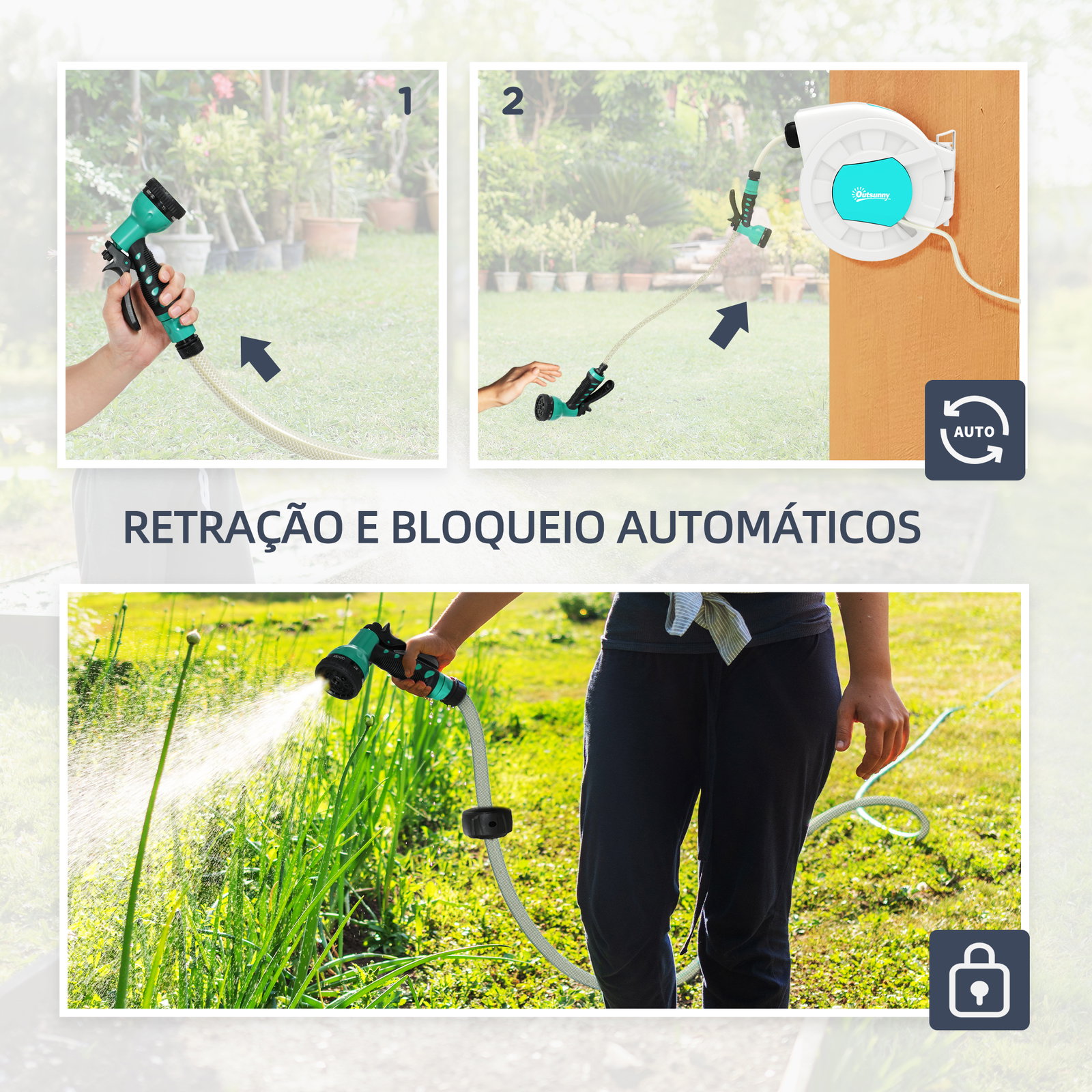 Carretel de mangueira retrátil de parede de 25+2 m e bloqueio de retorno automático bocal com 7 funções e giro de 180° 55x20x42 cm cinza claro