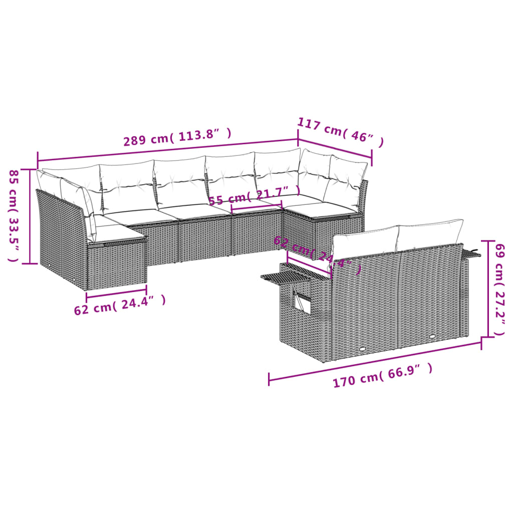 9 Pcs conjunto de sofás p/ jardim com almofadões vime PE bege