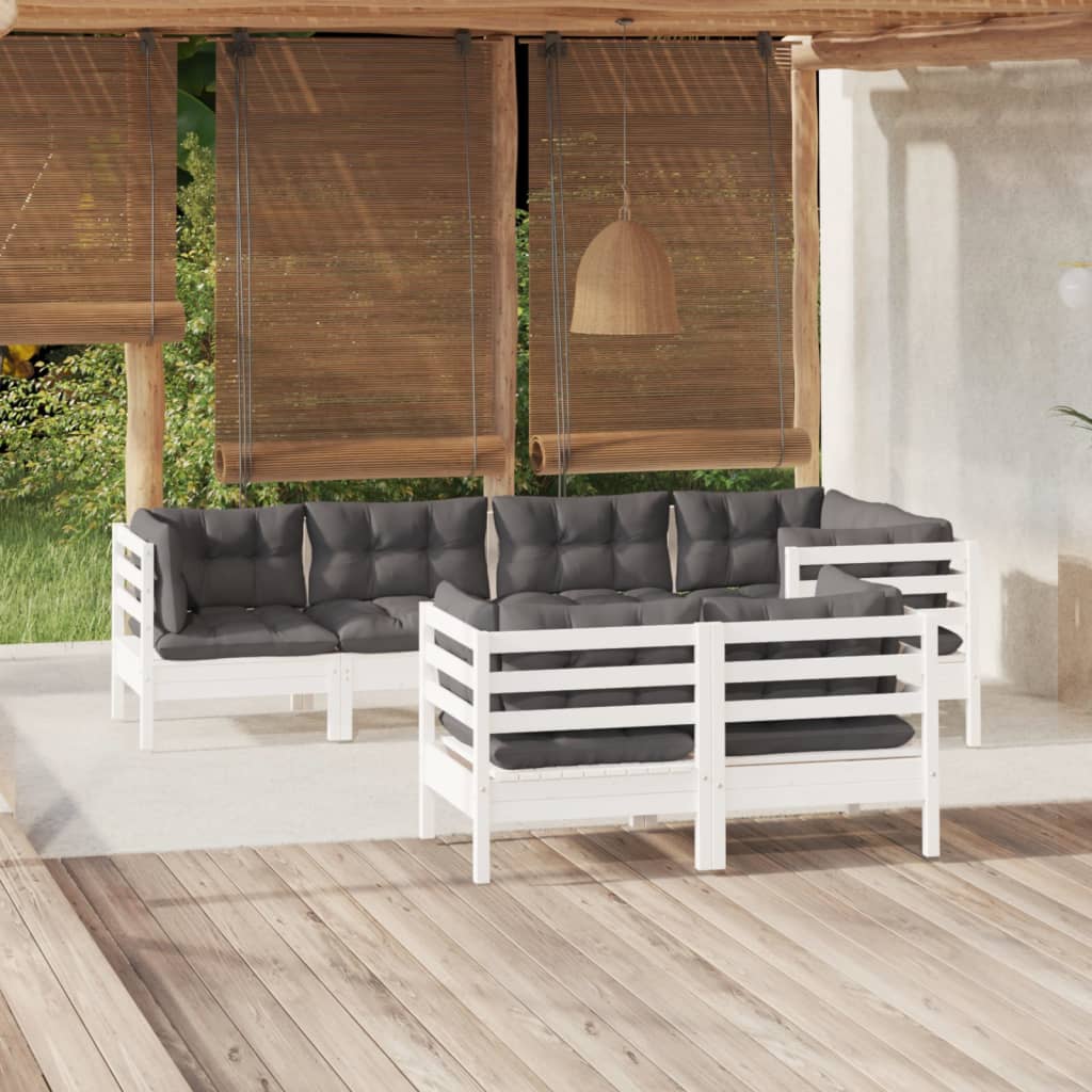 7 Pcs conjunto lounge jardim c/ almofadões pinho maciço branco